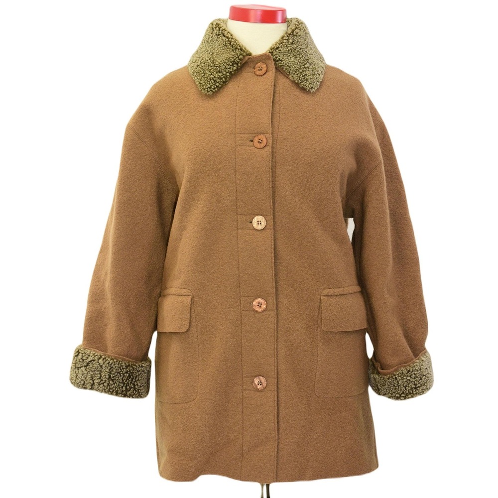Hilary Radley Wool & Shearling Utility Coat Womens XL Tan Brown Boxy Chore Coat